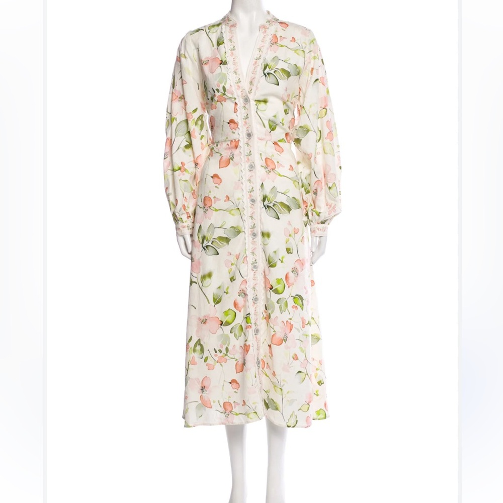 Caroline Constas Floral Midi Dress - White, Pink, Green